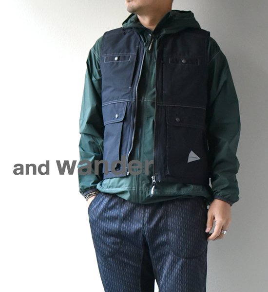 【and wander】アンドワンダー men's laser hole nylon taffeta vest "Charcoal"
