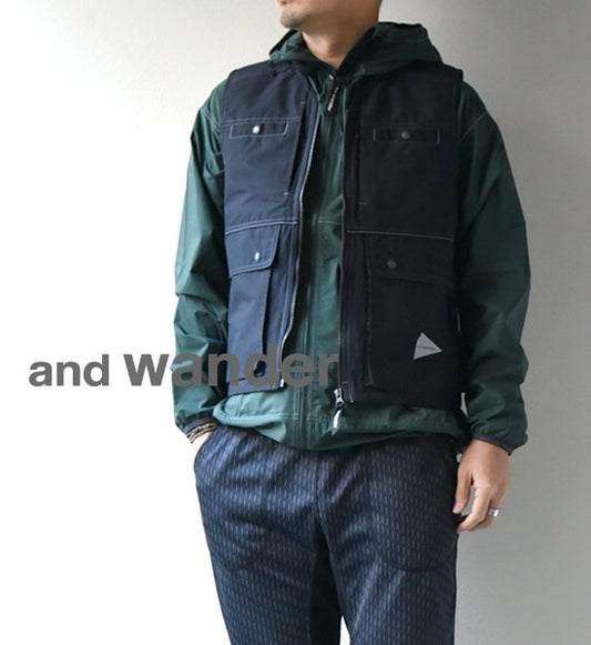 【and wander】アンドワンダー men's laser hole nylon taffeta vest "Charcoal"